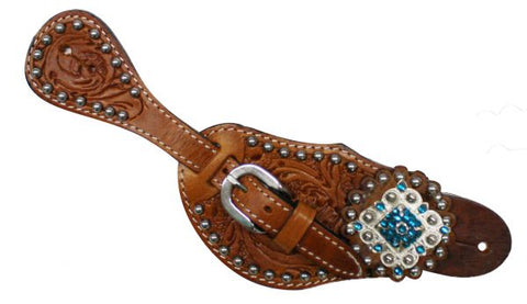 Showman™ Ladies Tooled Leather Spur Straps with Diamond Shaped Blue Rhinestone Conchos