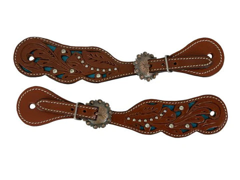 Showman  ® Ladies   Medium oil tooled Spur Straps with teal inlay