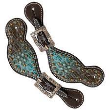 Showman ® Ladies size Chocolate brown / Teal tooled spur straps